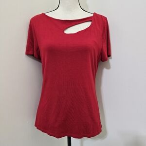 INC size Large Short Sleeve Stretch Top Cut Out Chest Red